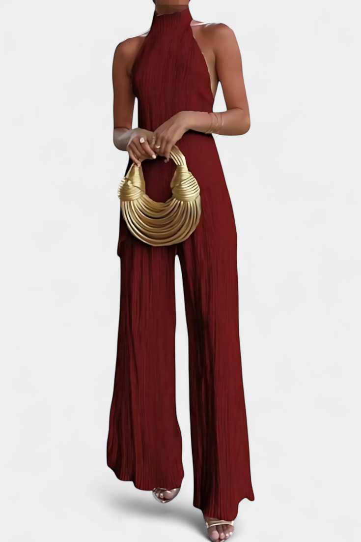 Ensemble Pilarica Plissé avec Top Asymétrique Halter et Pantalon Fluide