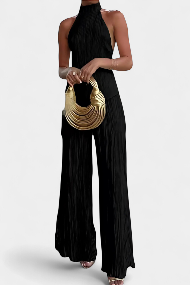 Ensemble Pilarica Plissé avec Top Asymétrique Halter et Pantalon Fluide