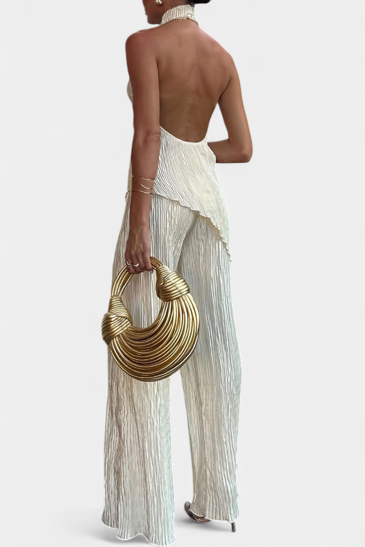 Ensemble Pilarica Plissé avec Top Asymétrique Halter et Pantalon Fluide